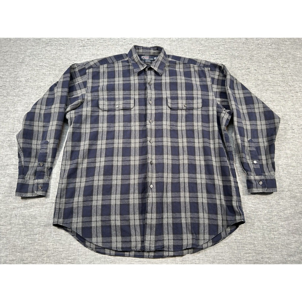 Polo Ralph Lauren Benford Flannel Shirt Mens Large Grey Blue Black Plaid Pockets
